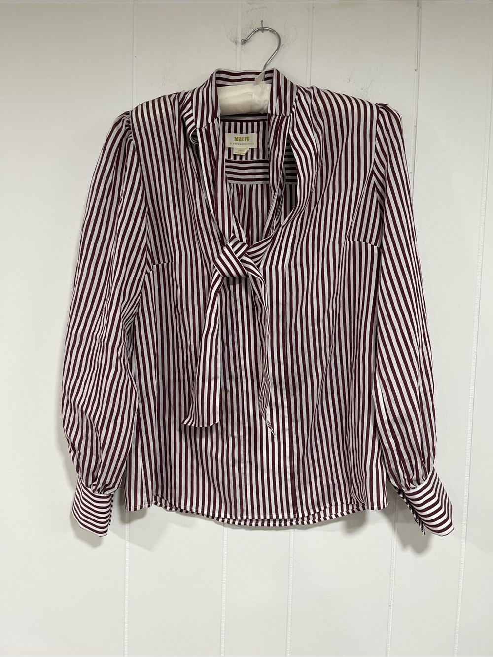 Anthropologie Maeve Tie Neck Blouse XXS Burgundy Stripe Office Career Parisian - Picture 11 of 13